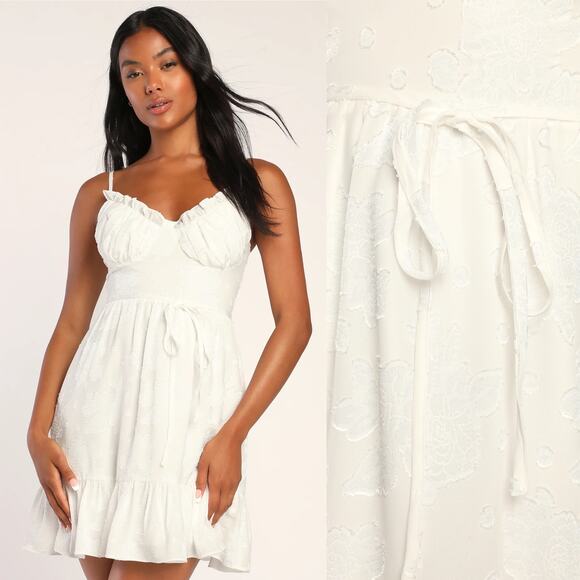 Lulu's Dresses & Skirts - Lulus Dearest Darling White Burnout Floral Jacquard Bustier Mini Dress